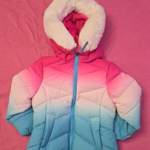 Pink and Blue Ombre Puffer Jacket with Fur Hood